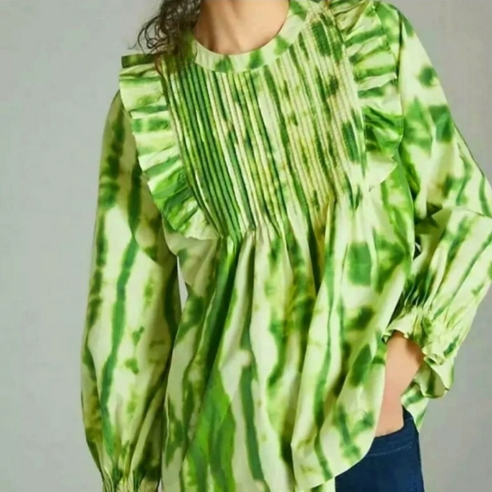 Anthropologie Emilia Ruffled Tie Dye green Blouse Samant Chauhan S
